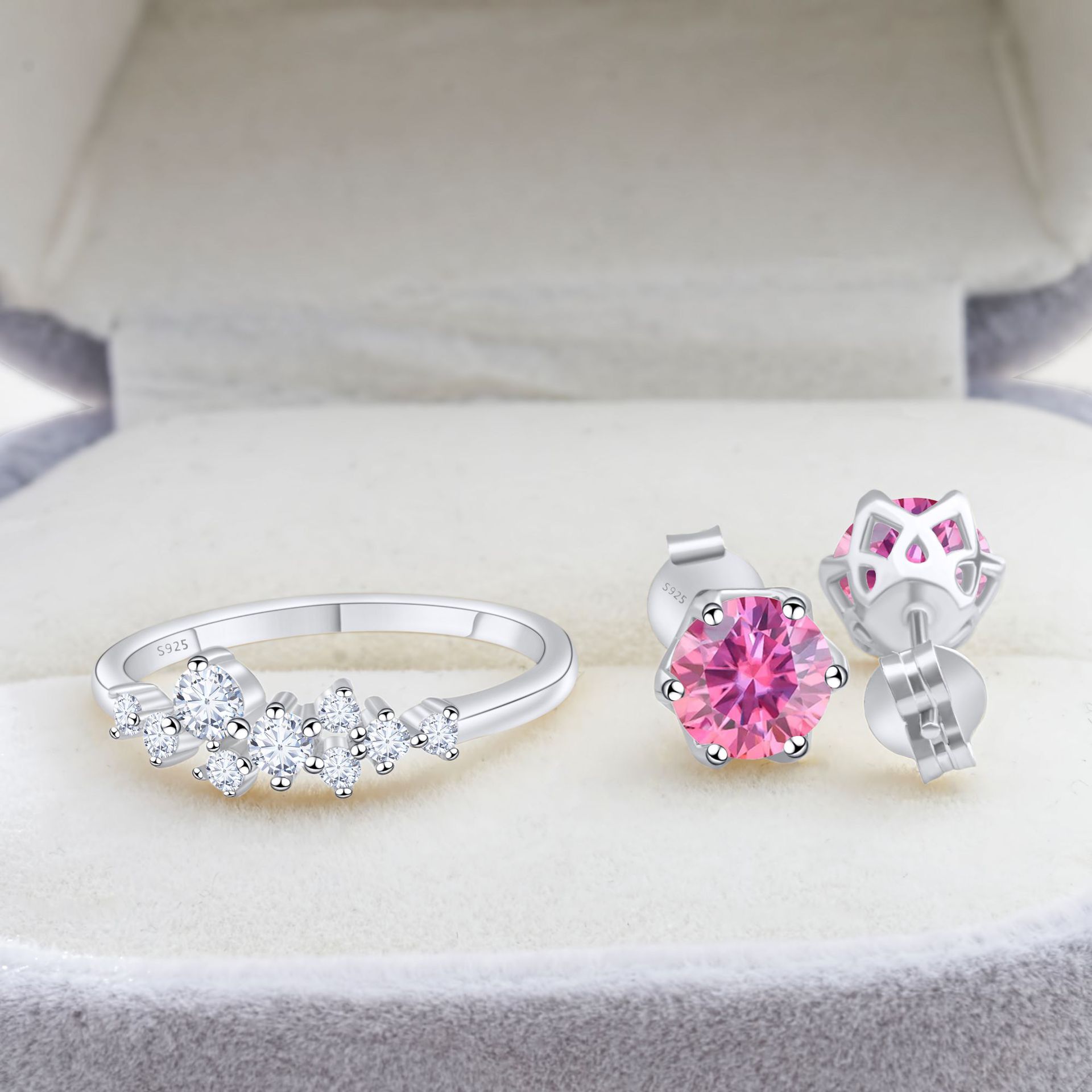 Cross-Border Exclusive S925 Silver Moissanite Set Earrings + Ring with Certificate Sparkling Fire Diamond Cross-Border Hot Sale