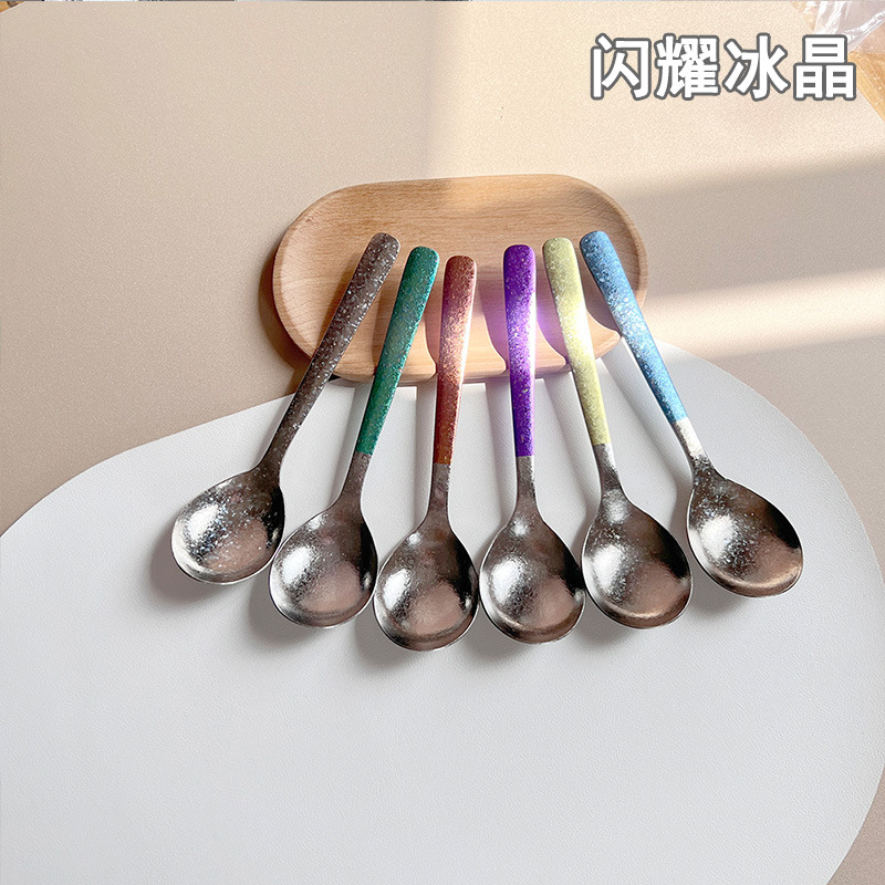 Ice Flower Colored Pure Titanium Spoon, Titanium Crystal Soup Spoon, Large Spoon, Commercial Long-Handled Spoon, Portable Outdoor Titanium Tableware, Anti-Oxidation