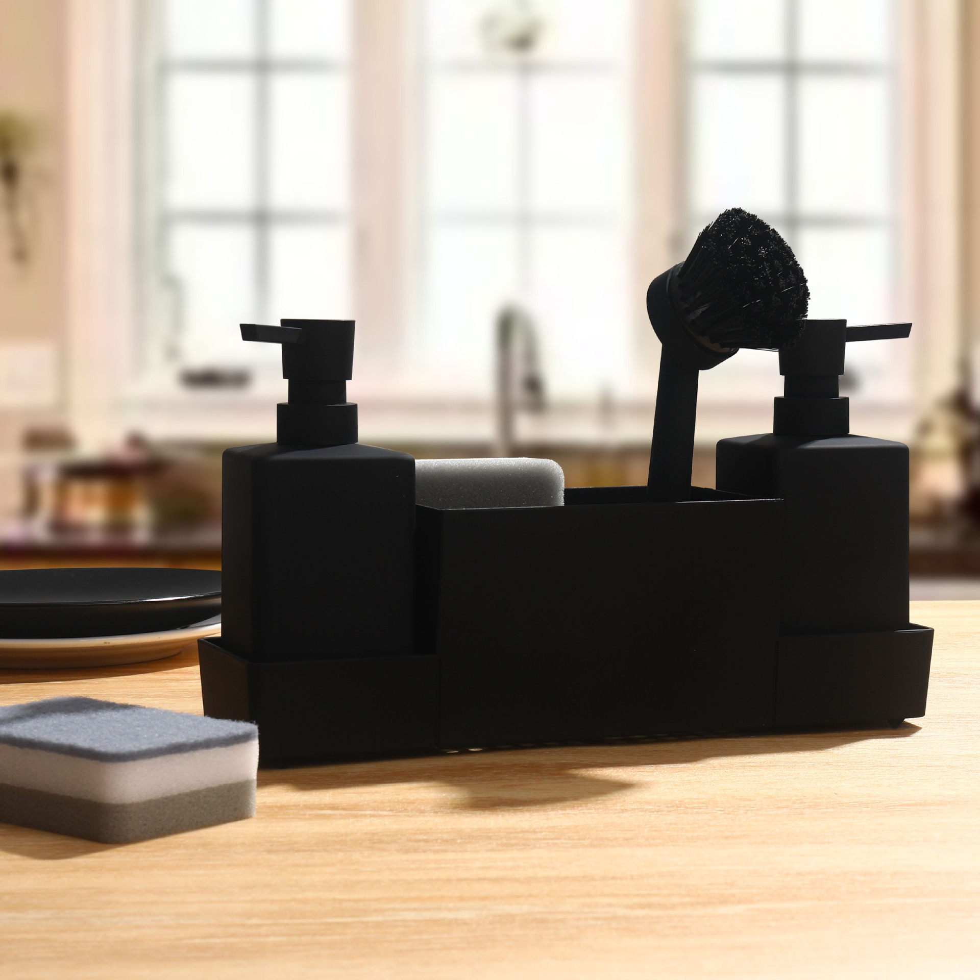 Cross-Border Wholesale Household Soap Dispenser 3-in-1 Functional Dishwashing Liquid Bottle Dishwashing Brush Sponge Kitchen Storage and Organization A1