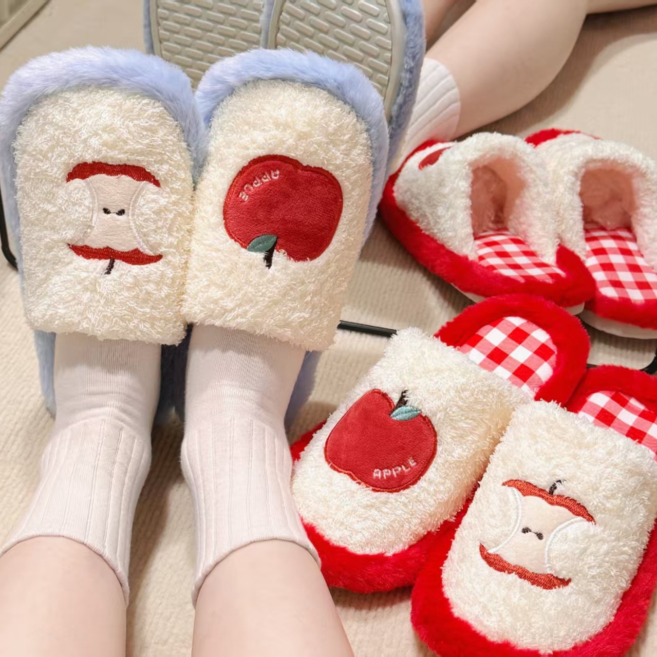 Новые хлопковые тапочки с красным яблоком 2025 года, не скользящие, легкие, для дома