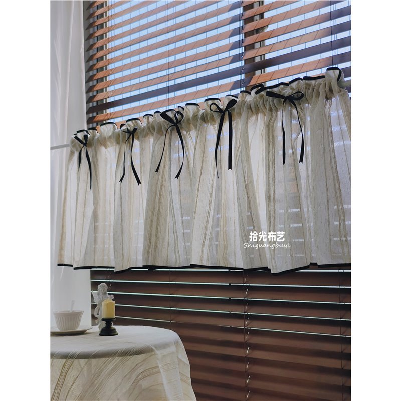 Ретро короткие шторы из хлопка и льна, чёрный бантик, полувысота, для кухонных окон и шкафов