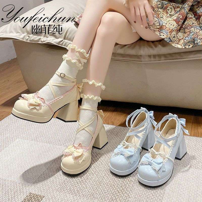 Original Lolita Thick Heel Thick Sole Waterproof Platform Blue Japanese Style Soft Girl Sweet and Cute Bow Shoes for Women
