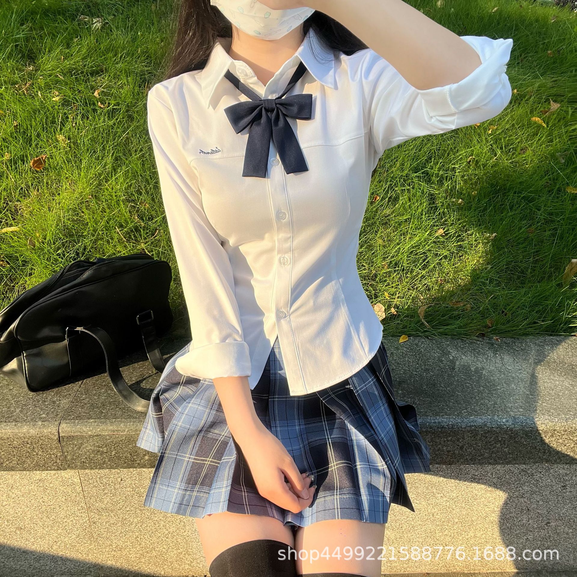 Original New Small Island Embroidery Jk Waist-Cinching Slim Short-Sleeve Shirt White Versatile Uniform Sweet Spicy College Pure Desire Style