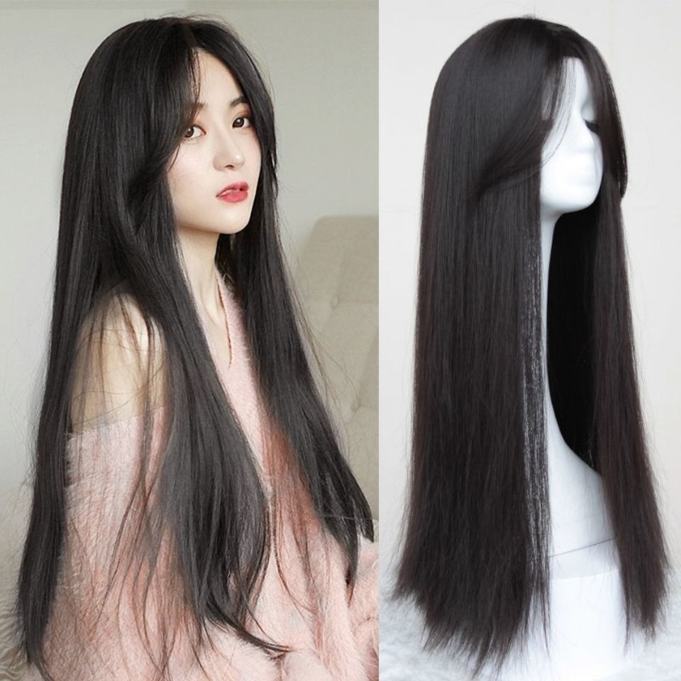 Wig women's long hair eight bangs fluffy natural round face full head realistic long straight hair wig set Wholesale