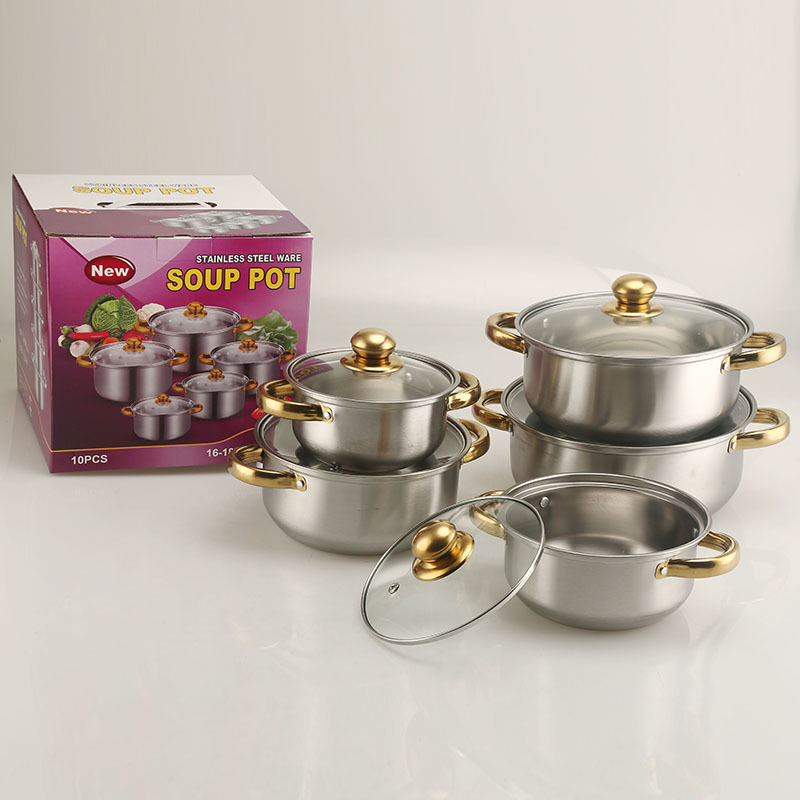 Cross-border set pot tube handle stainless steel 10-piece set pot export stainless steel milk pot soup pot 16-18-20-22-24CM