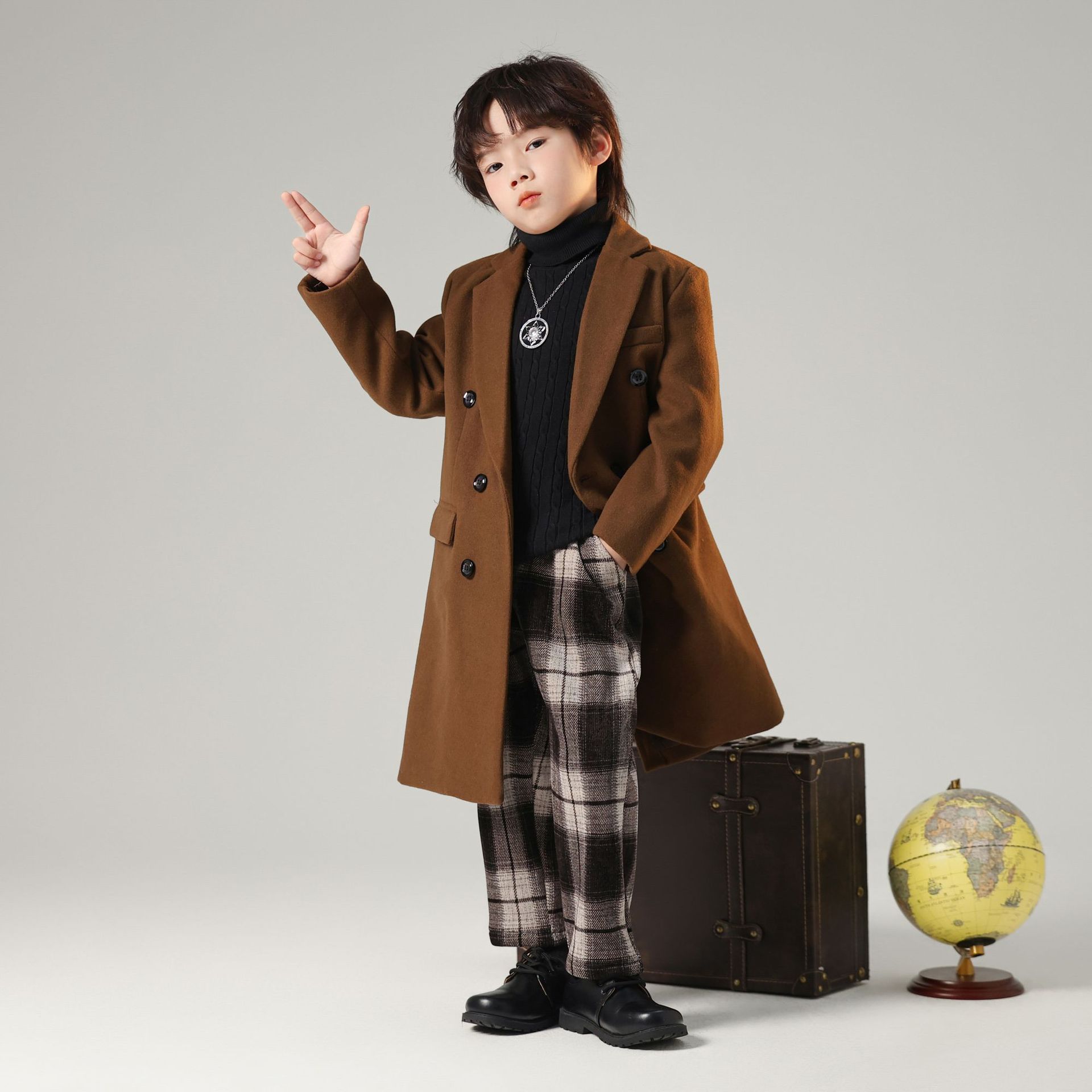 Cross-Border Autumn New Boys' Korean Style Trench Coat Children's Long Suit Trendy Jacket Children's Double-Breasted Wool Coat