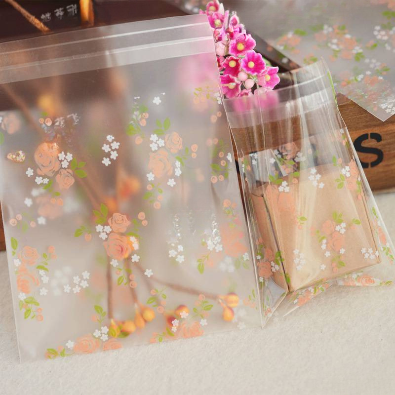 Green Leaf Rose Self-Adhesive Bag Thickened Frosted Transparent Optional 7*7/10*10 Small Gift Decoration Wholesale