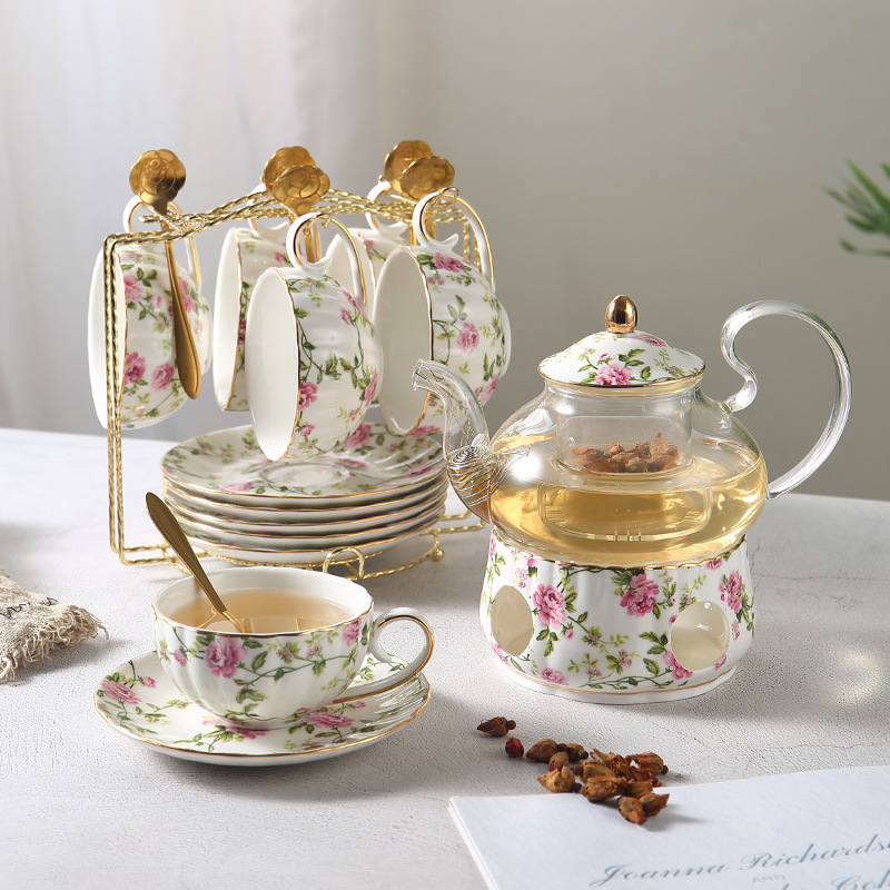 Фруктовый чай в европейском стиле, пасторальный цветочный чайный набор, цветочный чайник, нагреваемое стекло с фильтром, керамическая чашка, чашка и блюдце, чайник для заваривания