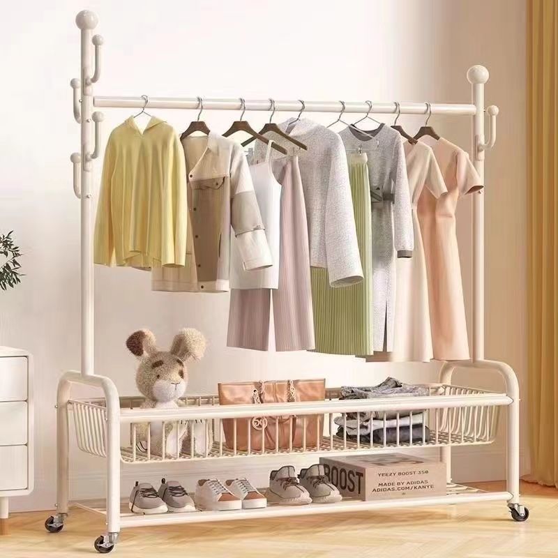 Simple Coat Rack Bedroom Floor Hanger Room Movable Light Luxury Household Storage Basket Living Room Clothes Rack