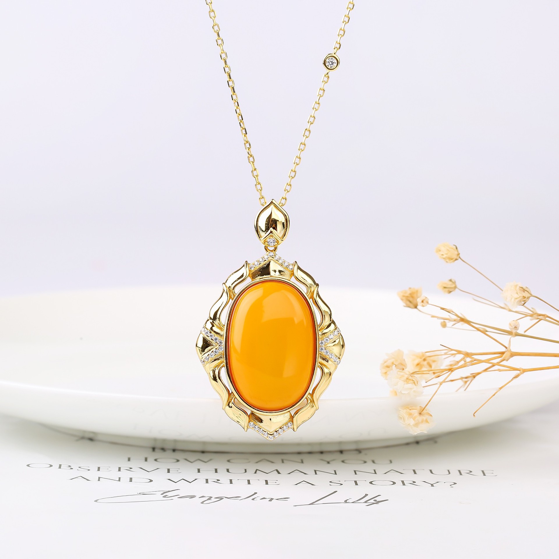 S925 Silver Natural Russian Amber Simple and Elegant Smooth Fashion Retro Set Pendant Earrings Ring