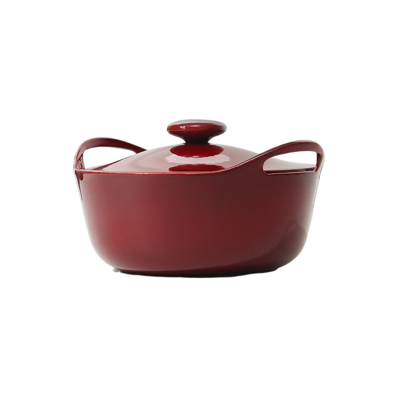 Red Enamel Cast Iron Pot for Soup, Suitable for Open Flame and Induction Cooker, with Double Handles