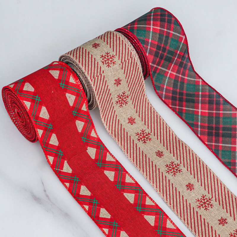 Factory Direct Sale Cross-Border 6cm Wire Edge Imitation Linen Ribbon Gift Box Background Wall Christmas Tree Hanging Top Decorative Bow