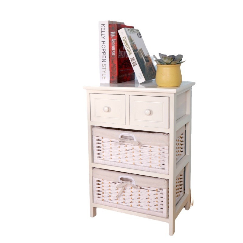 American Vintage Pastoral Wooden Storage Cabinet Fabric Rattan Bedside Table Bucket Cabinet Toy Socks Sundries Storage Cabinet