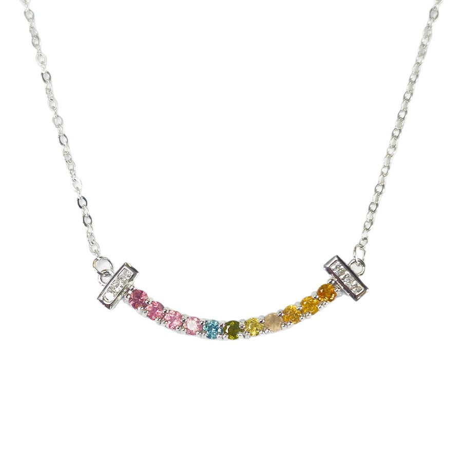 S925 Sterling Silver Curved Rainbow Tourmaline Necklace Personalized Dopamine Necklace Natural Stone Colorful Treasure Necklace Versatile Ins