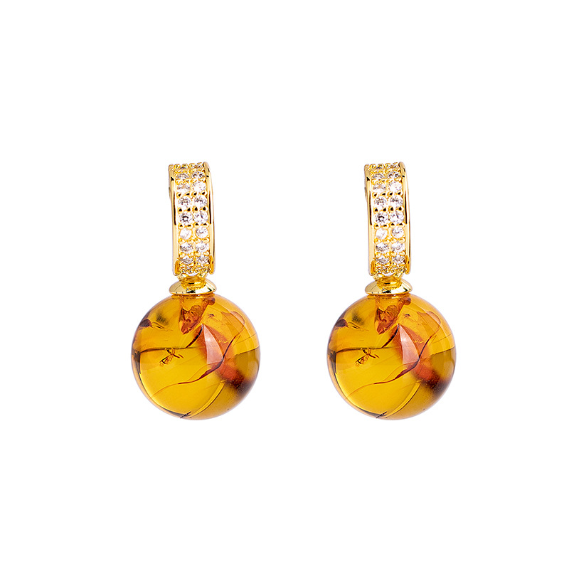 Natural Ore Amber Pepper Round Bead Earrings Earrings Ear Hook Elegant Classic S925 Silver Gold Plated Inlaid Earrings