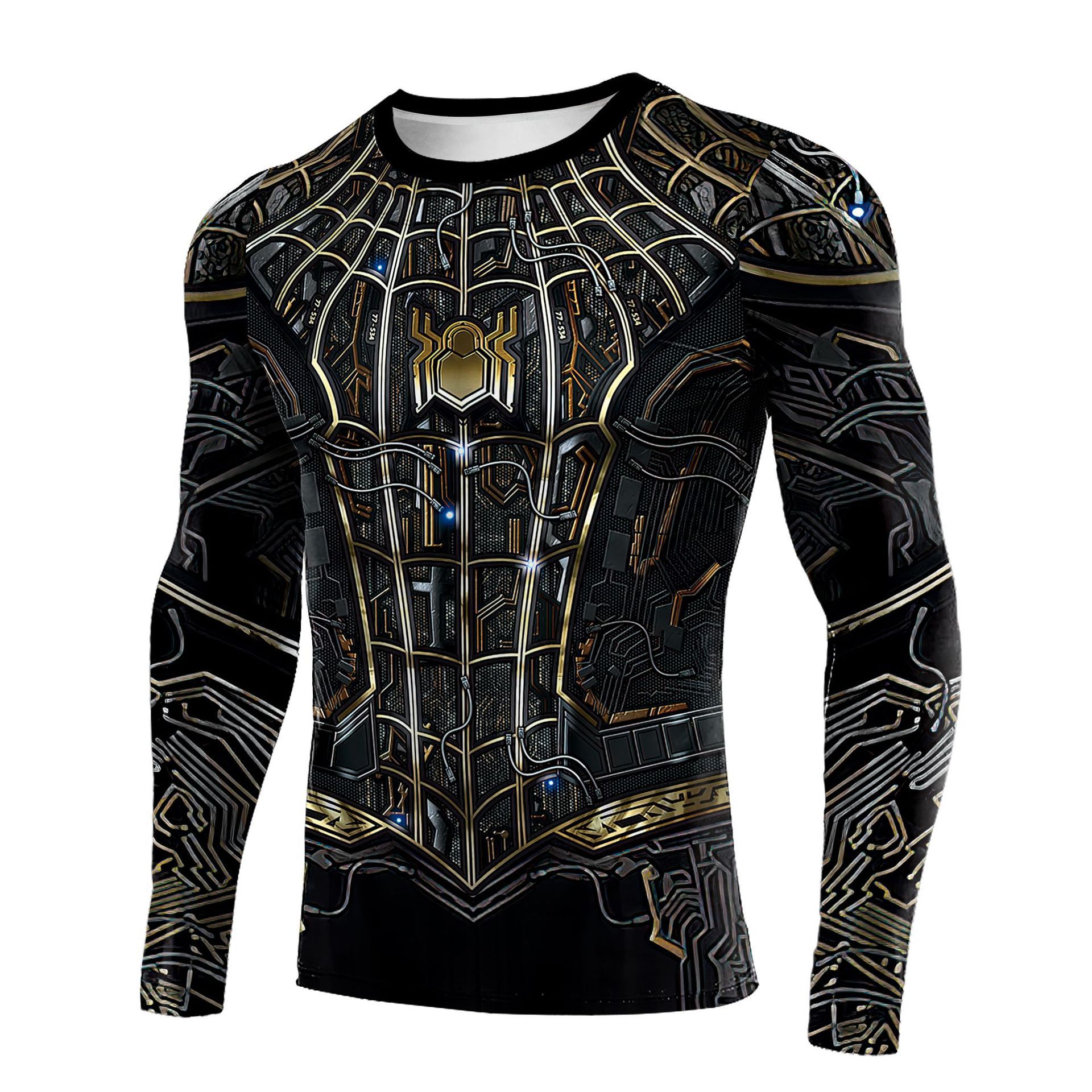 2025 New Export Marvel Spider Web Print Black Gold Battle Suit Tight-Fitting Long-Sleeved T-Shirt Men's Sports Fitness Quick-Drying Clothing