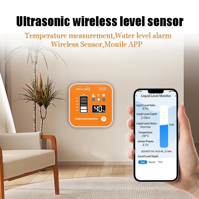 Tuya Smart Wifi Remote Ultrasonic Liquid Level Water Tank Monitor with Led Display Me201R