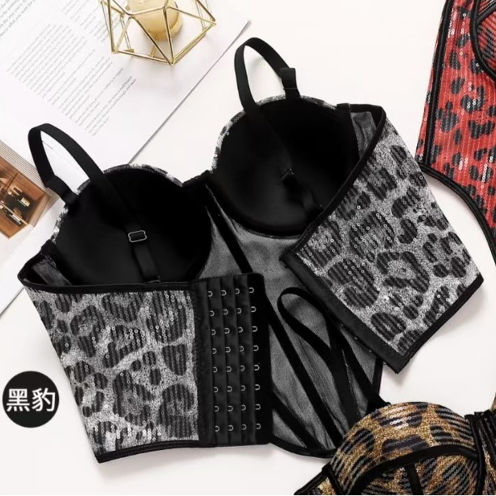 Cross-Border Leopard Print Mesh Fishbone Bra with Built-In Breast Pads, Back Buttons, Waist Shaping and Slimming Bra Camisole