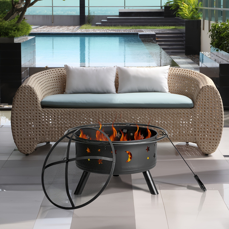 B 897 30 Round Black Metal Fire Pit with Star Moon Cutout