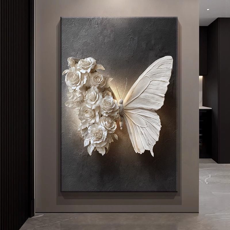 蝴蝶高级感黑白玄关装饰画立体感客厅沙发浮雕背景墙壁挂画落地画