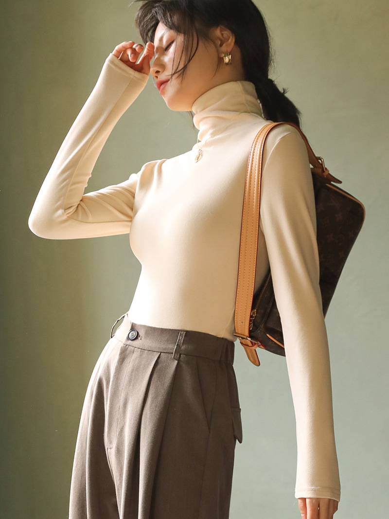 Solid Color German Velvet Pile Turtleneck Bottoming Shirt for Women, Autumn and Winter Velvet Thickeneded Long-Sleeved Bottoming Shirt Tight T-Shirt