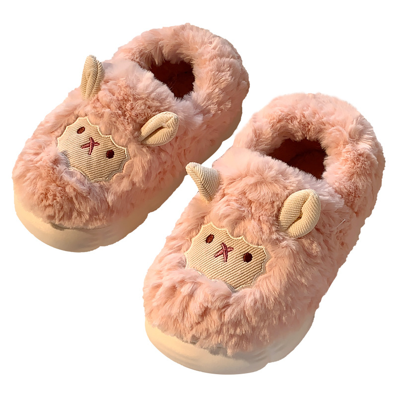 Cute Little Sheep Cotton Slippers for Women in Autumn and Winter, Home Thick-Soled Women's Indoor Cartoon Furry Slippers