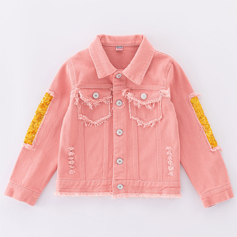 Children's clothing girls' Denim jacket fashionable frayed pink ripped denim jacket children's rainbow sequined top