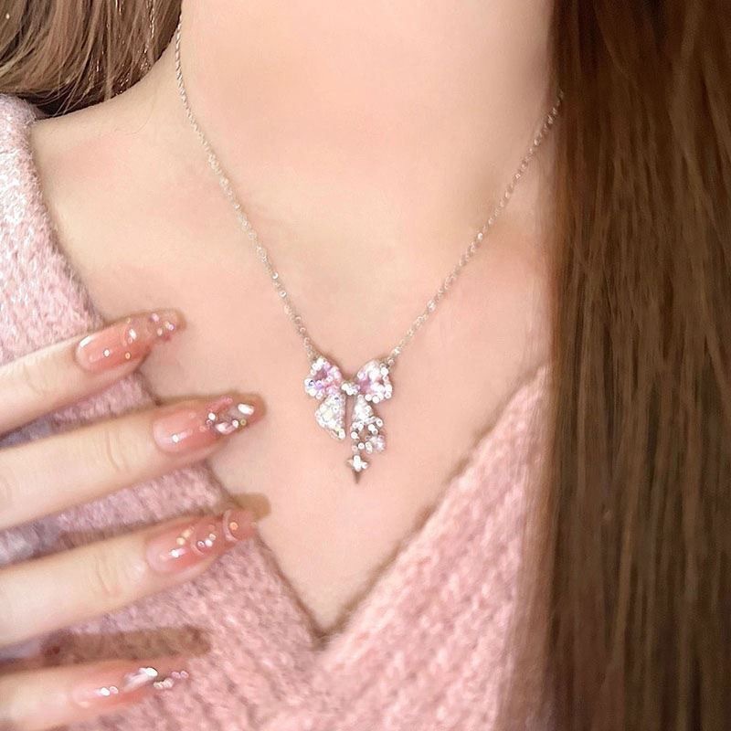 Popular online celebrity pink bow necklace ins student sweet cool girl clavicle chain all-match light luxury High sense summer
