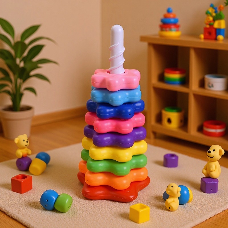 Rotating Turret Toy Rainbow Tower Spinning Fun Jenga Colorful Ring Infant Baby Educational Early Education Toy