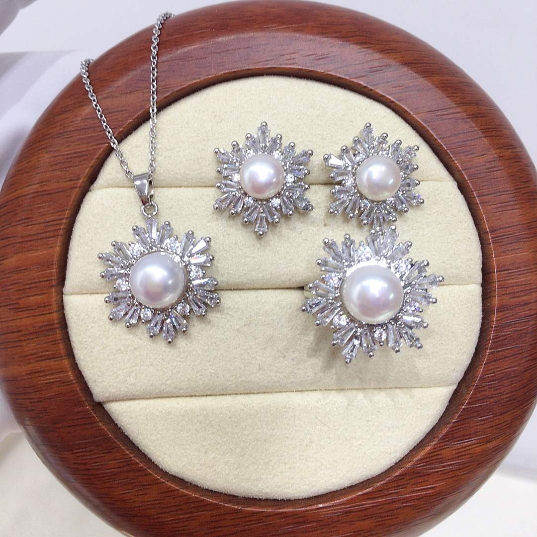 5A high brightness natural freshwater pearl pendant earring ring high sense zircon snowflake pearl suit wholesale