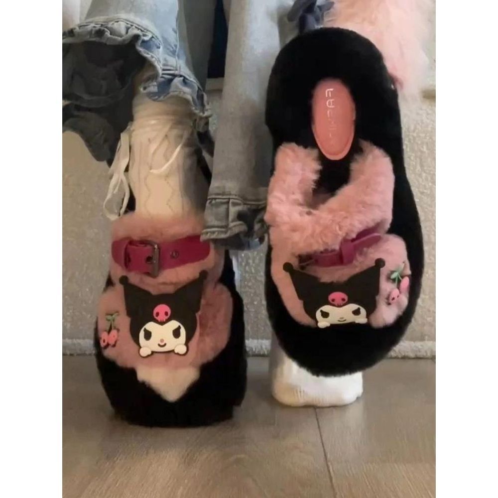 Милые тапочки с толстым дном в стиле интернет-знаменитости Kuromi, осень 2025 года, мультяшные универсальные хлопковые тапочки