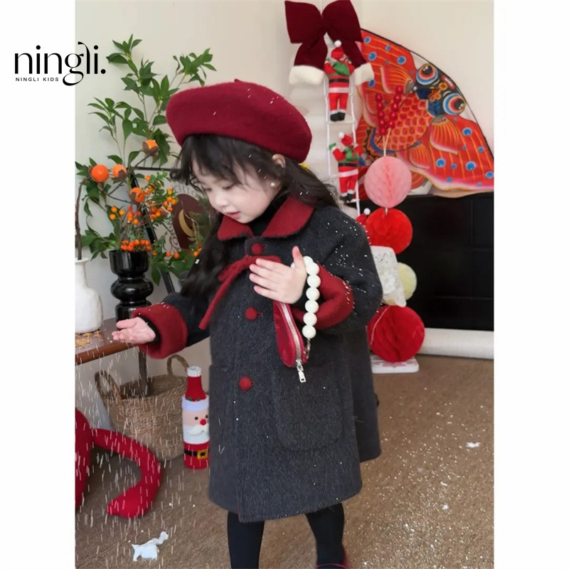 Ningli Baby Girl 2025 Autumn/Winter New Style Elegant Little Chanel Red and Gray Woolen Coat Korean Version Versatile Outerwear