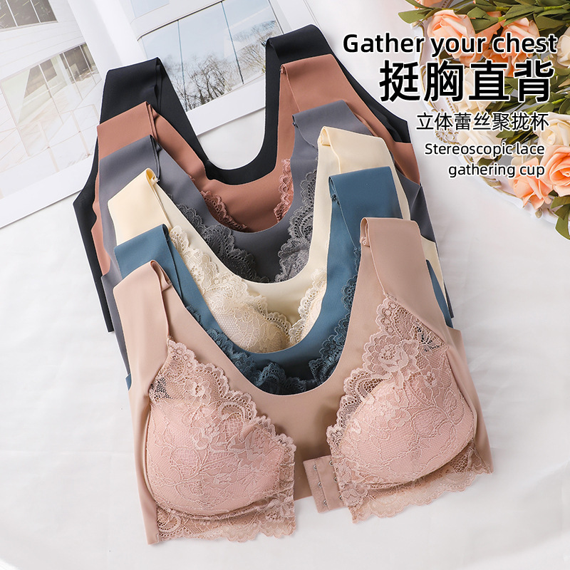 Temu European and American Cross-Border Plus-Size Push-Up Front Buckle Bra with Fixed Cups, Lace Tank Top Style Bra for Women with Front Opening