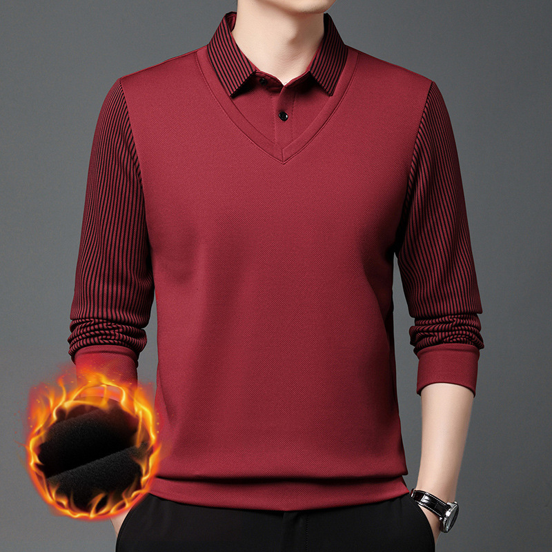 Middle-aged men's autumn and winter New fleece-lined thickened fake two-piece long-sleeved men's clothing middle-aged fashion casual warm polo
