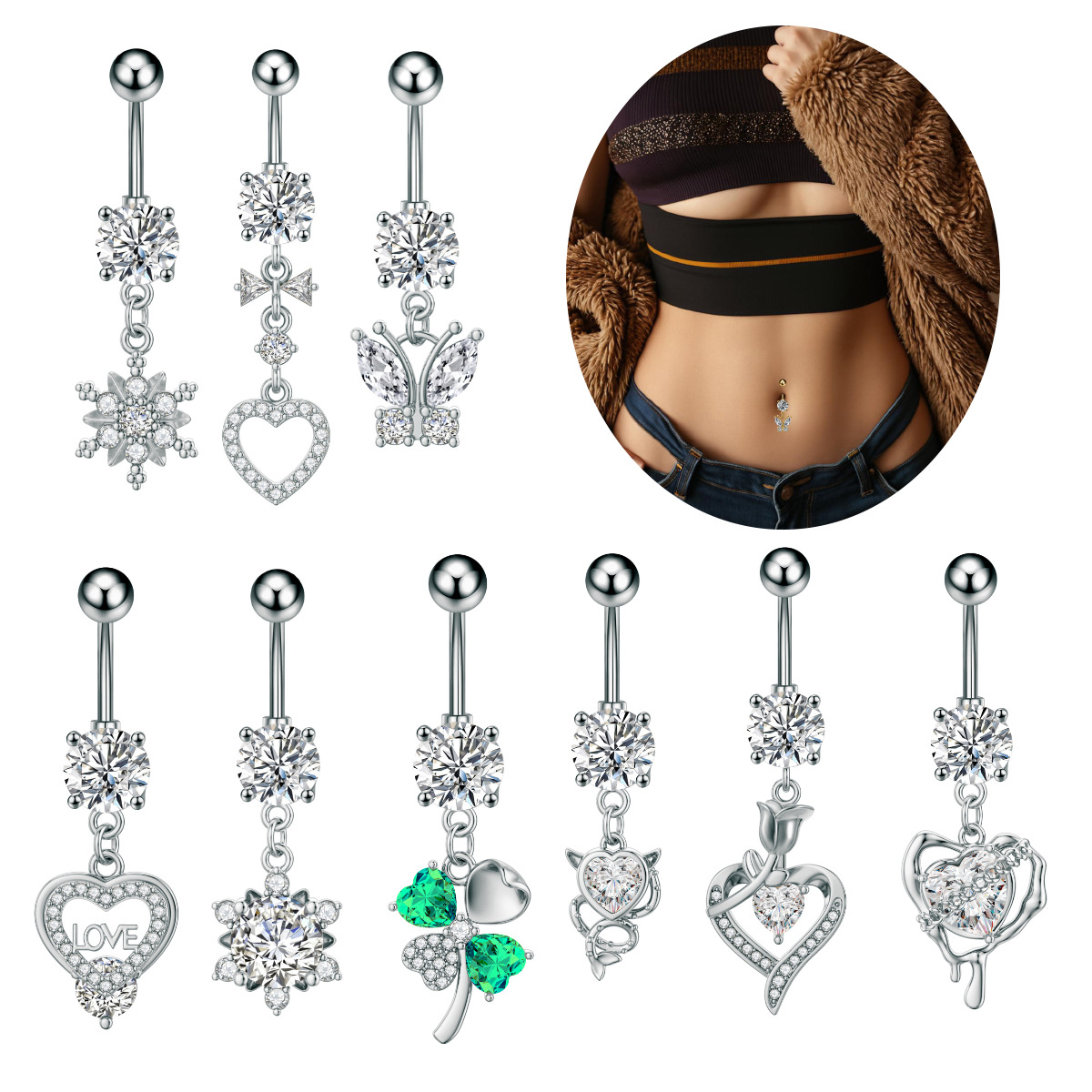 Amazon Cross-Border Navel Ring Butterfly Shiny Zircon Pendant Navel Nail European and American Piercing Jewelry Ready Stock Wholesale