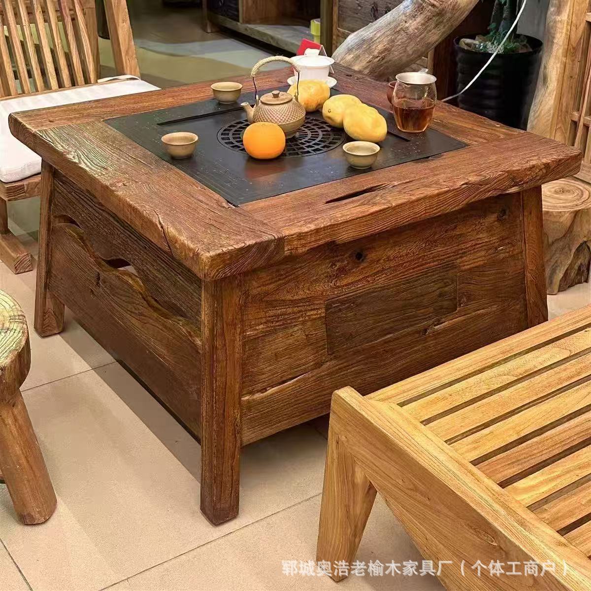 Стол для чая из старого вяза, уличный стол для горячего котла, балконный стол для барбекю, обеденный стол из массива дерева, кофейный столик