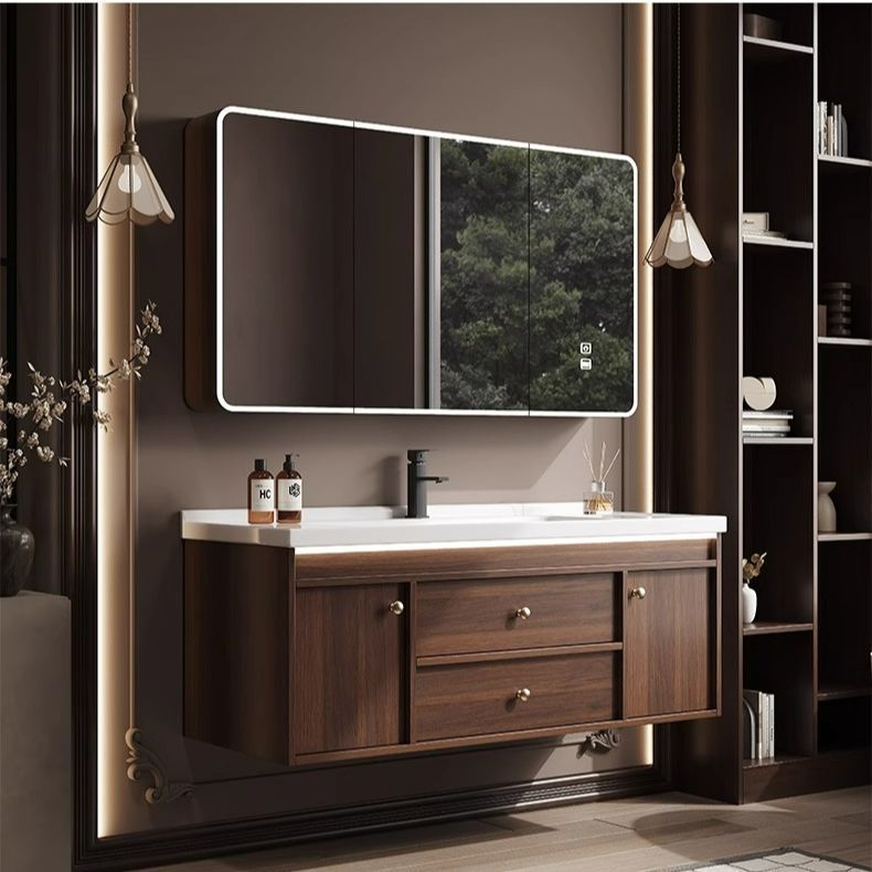 Ancient Style Chinese Walnut Bathroom Cabinet Integrated Ceramic Washbasin Hand Washing Combination Washbasin