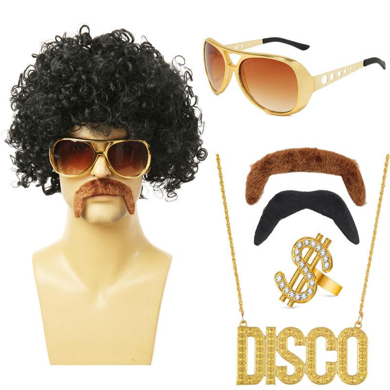 Amazon Explosions Halloween Disco 80s Punk Hippie Black Curly Hair Wig European and American Men's Rock Hair