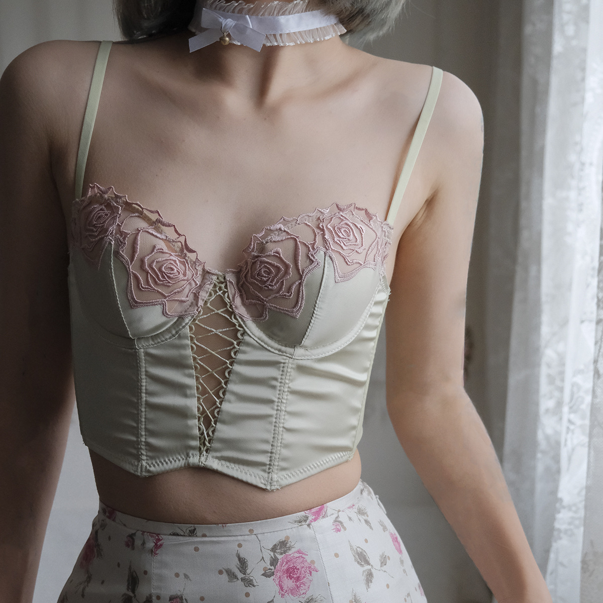 Retro Rose Fishbone Bra Vest European and American Waist Intimates Shaping Push-Up French Long Thin Bra Set for Women