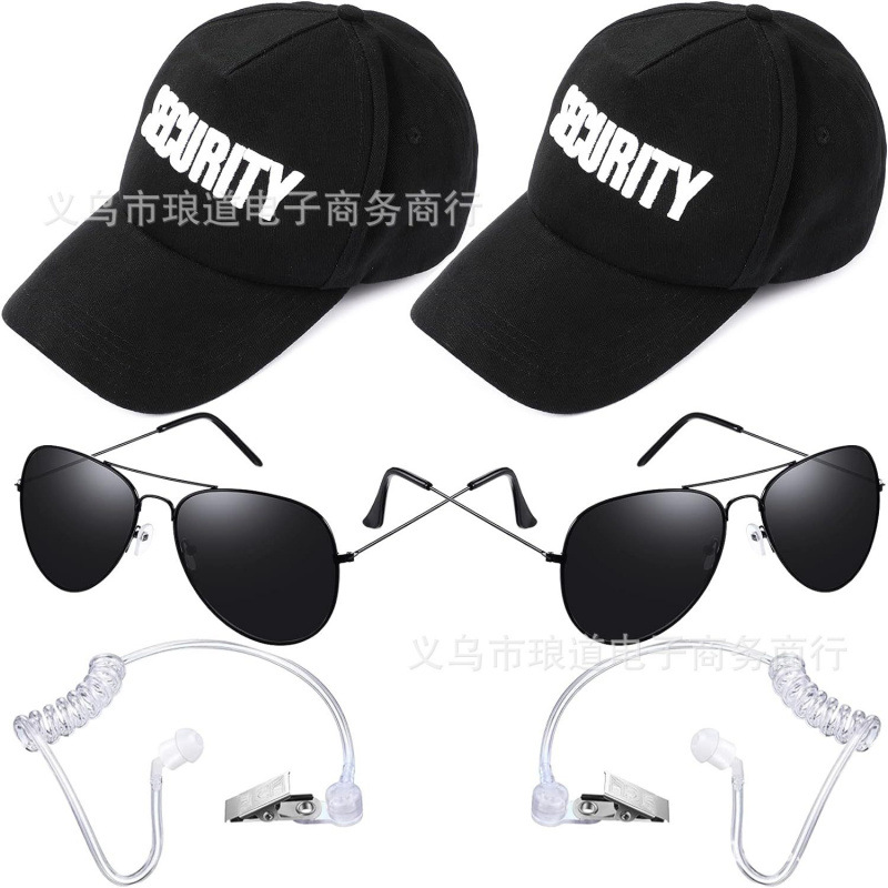 Cosplay Secret Agent Costume Security Baseball Cap Black Sunglasses Work Id Earplugs Set