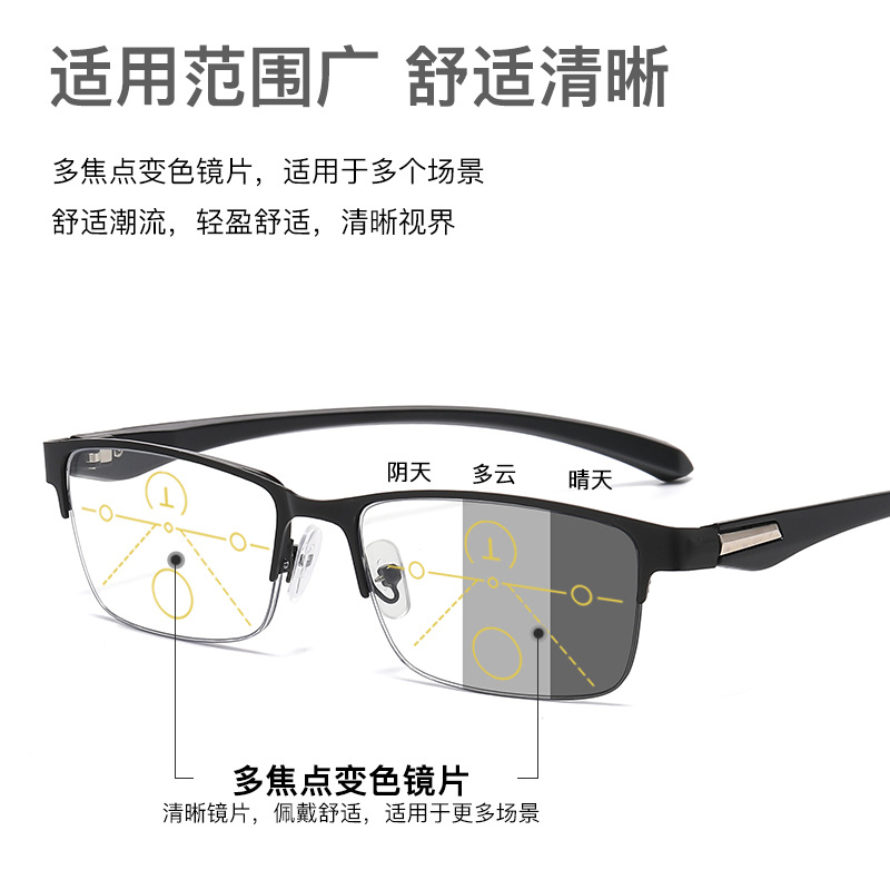 Middle-aged and elderly presbyopia glasses half-frame far and near zoom new multi-focus photosensitive color-changing anti-blue light function reading glasses
