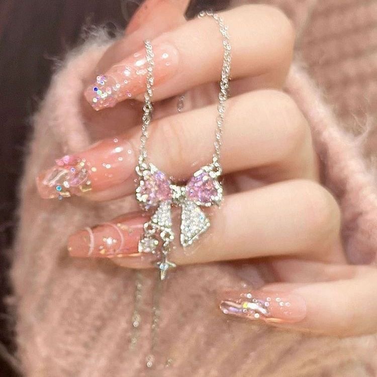 Popular online celebrity pink bow necklace ins student sweet cool girl clavicle chain all-match light luxury High sense summer
