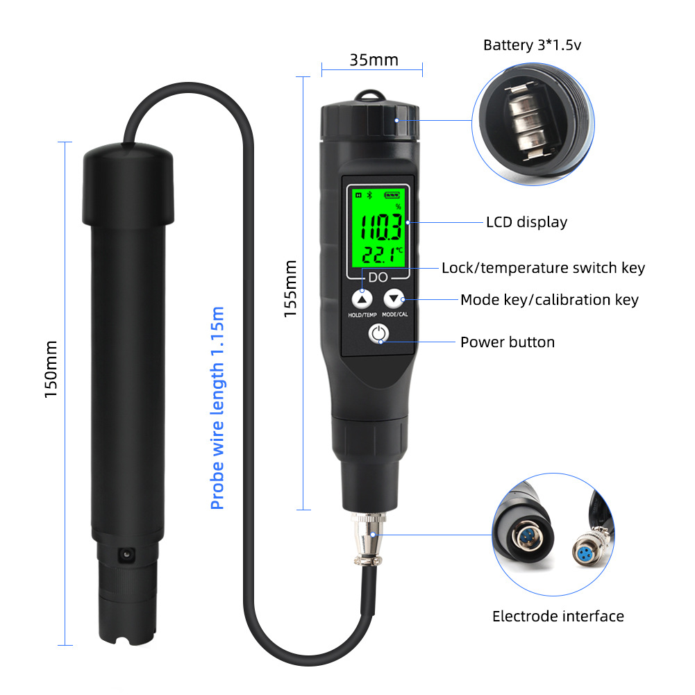 Smart Bluetooth Portable Dissolved Oxygen Detector 0.0-30.0Mgl Aquaculture Fish Pond Water Quality Testing Pen