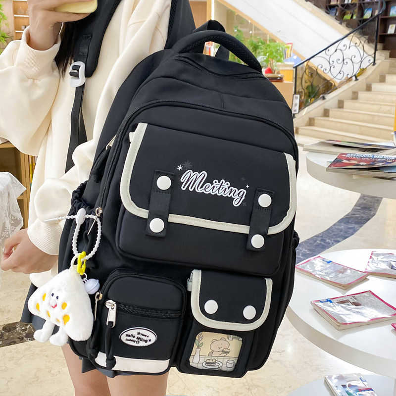 Soft Girl Fresh Schoolbag Korean Style College Style Backpack Multi-Compartment Design Solid Color Backpack for Female Junior High School Students