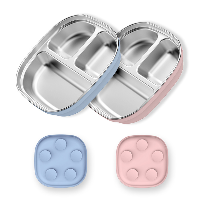 Кросс-бордерная детская квадратная тарелка из нержавеющей стали с силиконовыми присосками, противоударные материалы пищевого класса