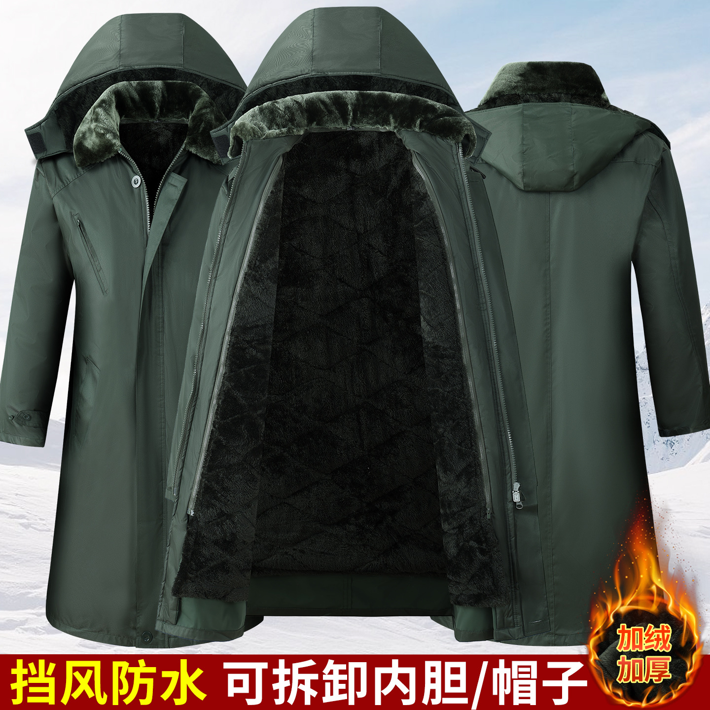 Winter Thickened Long Military Coat, Labor Protection Cotton-Padded Jacket, Warm Cotton Clothing, Cold-Resistant and Windproof Cold Storage Warm Work Clothes Cotton Coat