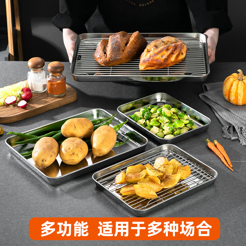 Cross-border Oil Drying Pan Meat Drying Pan Rice Steaming Pan Stainless Steel Flat Bottom Square Pan Net Rack Oil Leakage Pan Roadside Stall Oil Dregs Tray