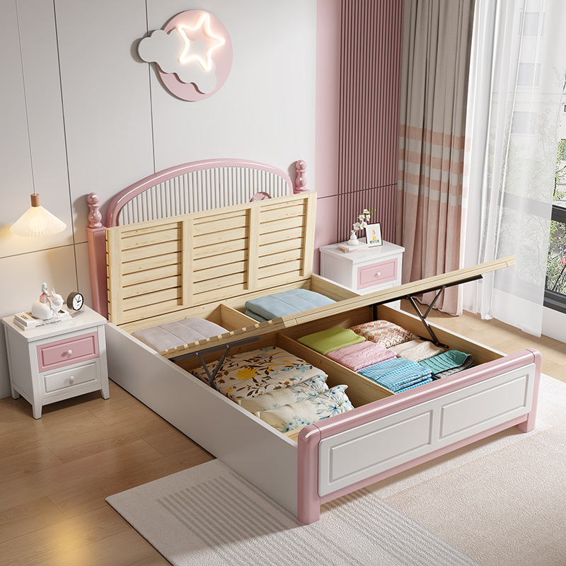 Children's Bed Girl Pink Princess Bed 1.35m Teenager Solid Wood Bed 1.5 Single Bed 1.2 Storage Bed 1.8m
