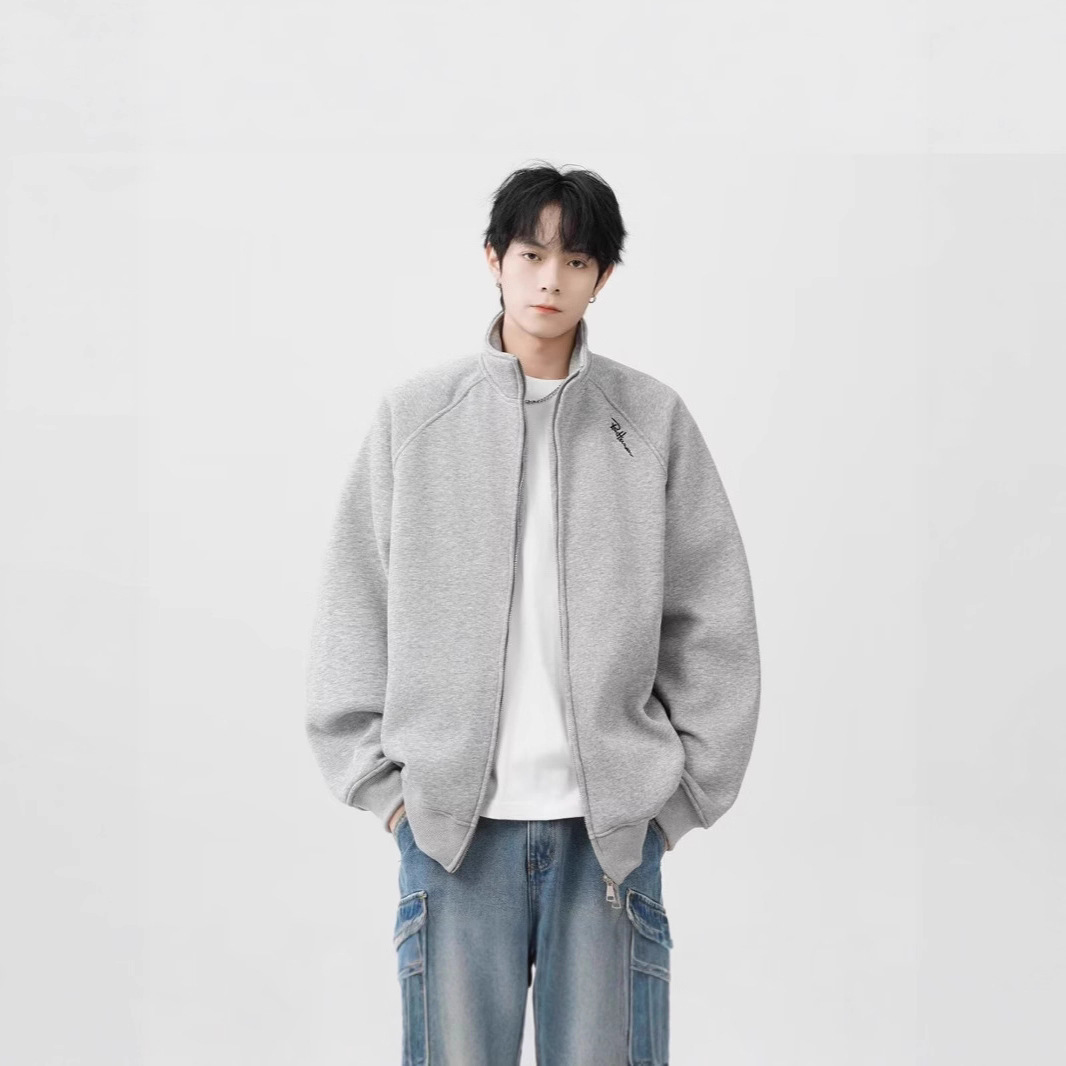 Autumn and Winter Men's Korean Retro Pure Color Stand-Up Collar Casual Jacket Men's Trendyy American Loose Zipper Sweatshirt Jacket