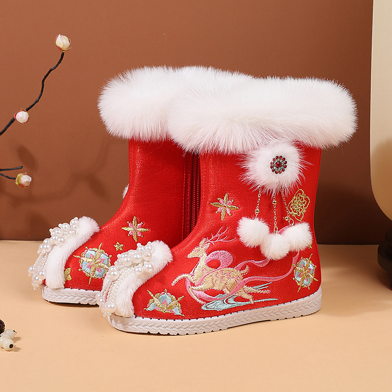 Winter Thickened Girls' Hanfu Shoes Matching New Year's Clothes Girls' Shoes Chinese Style Red Children's Embroidered Shoes Warm Cotton Shoes